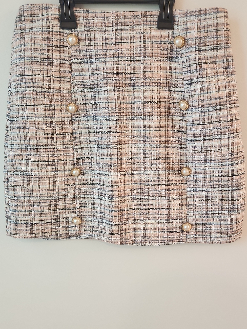 Pink Lily Pearl-Button Tweed Mini Skirt in Beige, Pink and Black Plaid